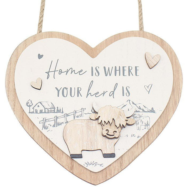Joe Davies 18cm Highland Cow 'Home' Hanging Heart Plaque - LP74956 - Old Railway Line Garden Centre