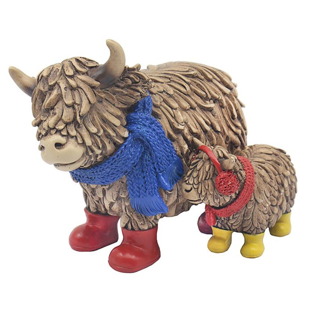 Joe Davies 18cm Hughie Highland Cow & Calf Blue Ornament