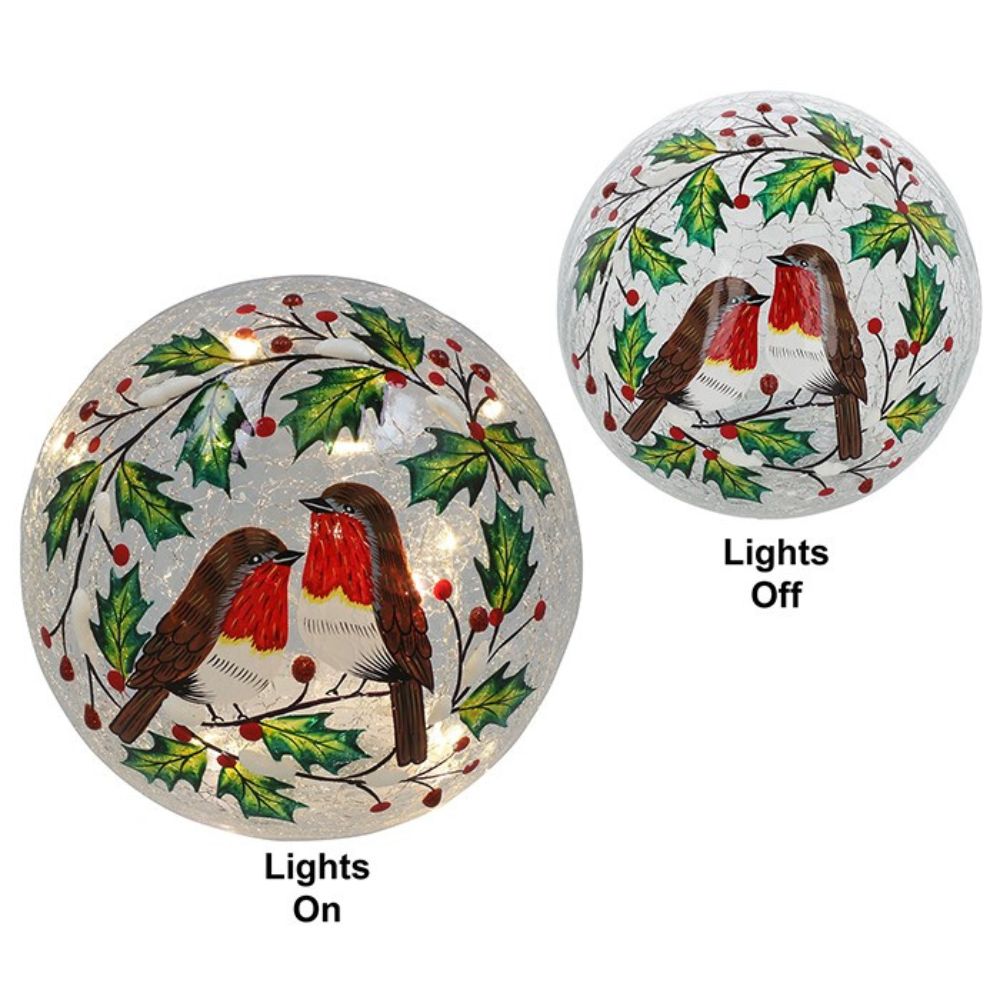 Joe Davies 20cm Christmans Crackle Holly Wreath Robin LED Ball