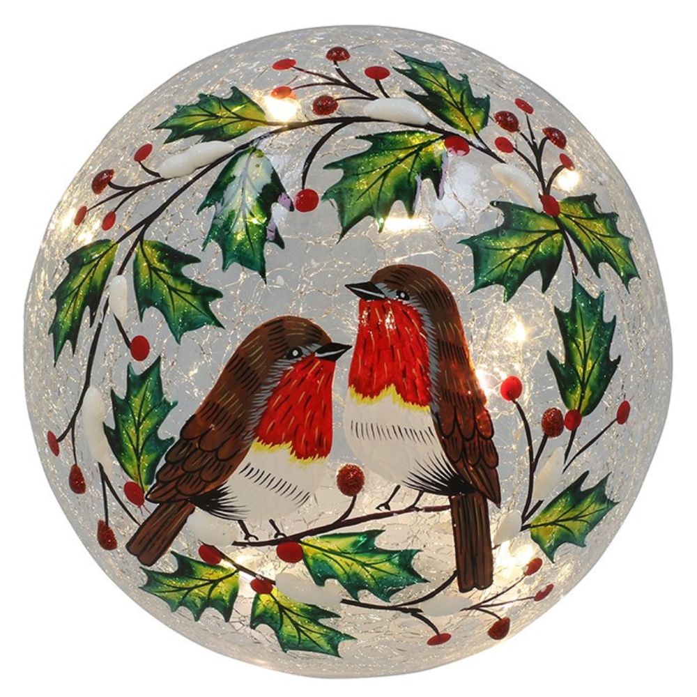 Joe Davies 20cm Christmans Crackle Holly Wreath Robin LED Ball