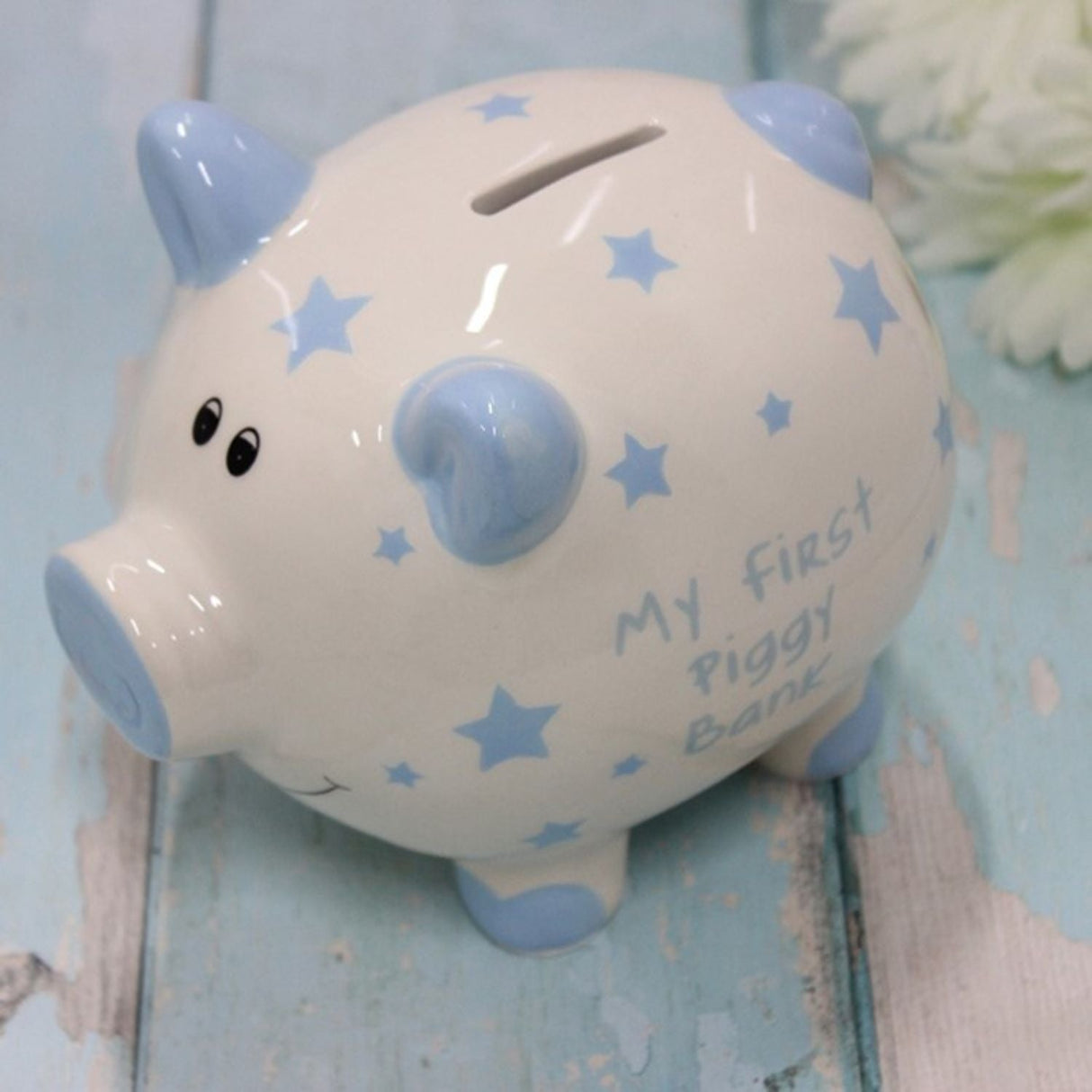 Joe Davies Blue Star Pig My First Money Bank - Old Railway Line Garden Centre