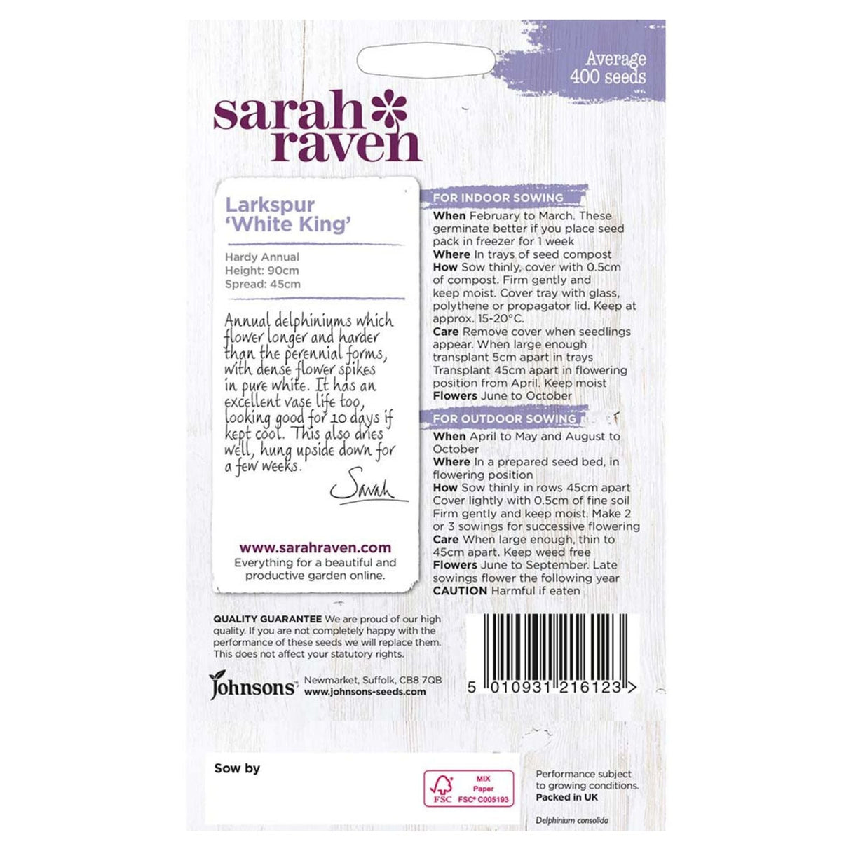 Johnsons Sarah Raven Larkspur White King Seeds - Old Railway Line Garden Centre