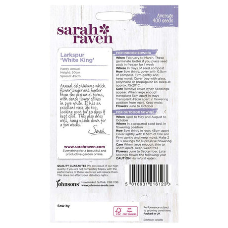 Johnsons Sarah Raven Larkspur White King Seeds - Old Railway Line Garden Centre