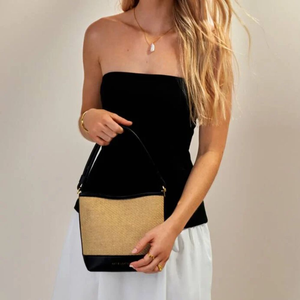 Katie Loxton Black Riviera Raffia Bucket Bag - Old Railway Line Garden Centre