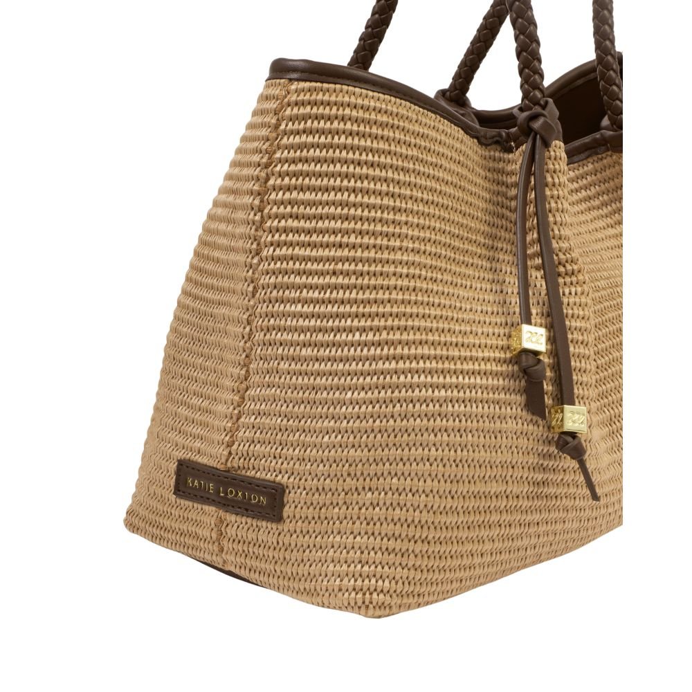Katie Loxton Small Nova Raffia Shoulder Tote Bag - Natural Chocolate - Old Railway Line Garden Centre