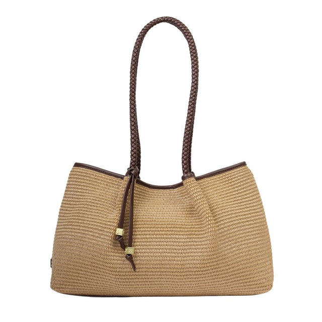 Katie Loxton Small Nova Raffia Shoulder Tote Bag - Natural Chocolate - Old Railway Line Garden Centre