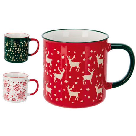 Set of Christmas-themed mugs with reindeer and snowflake designs on a white background