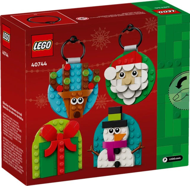 LEGO Christmas ornament set packaging with Santa, gift, and snowman designs on a red background.