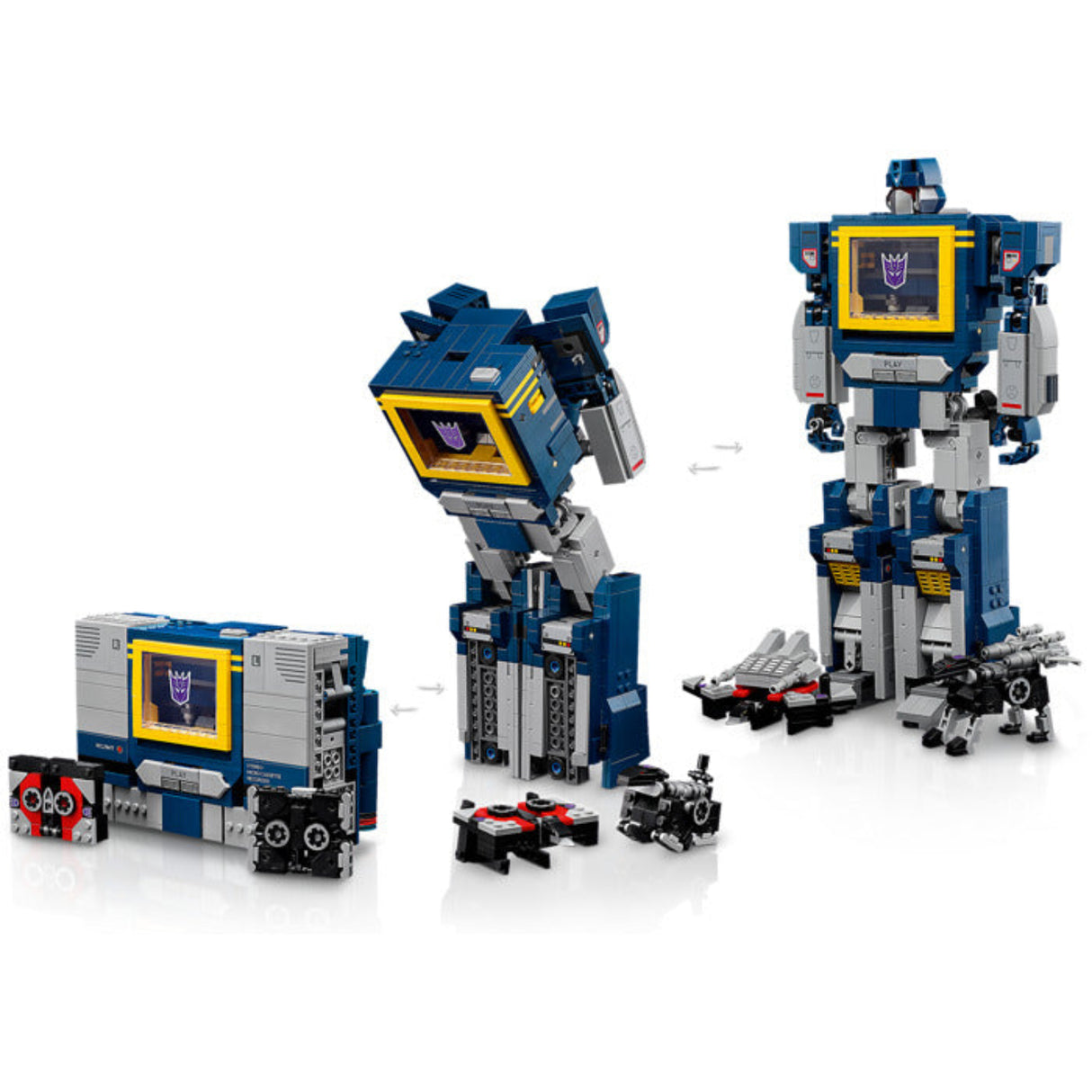 Transforming robot toy set with multiple pieces on a white background