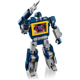 Toy robot figure with a blue and gray color scheme on a white background