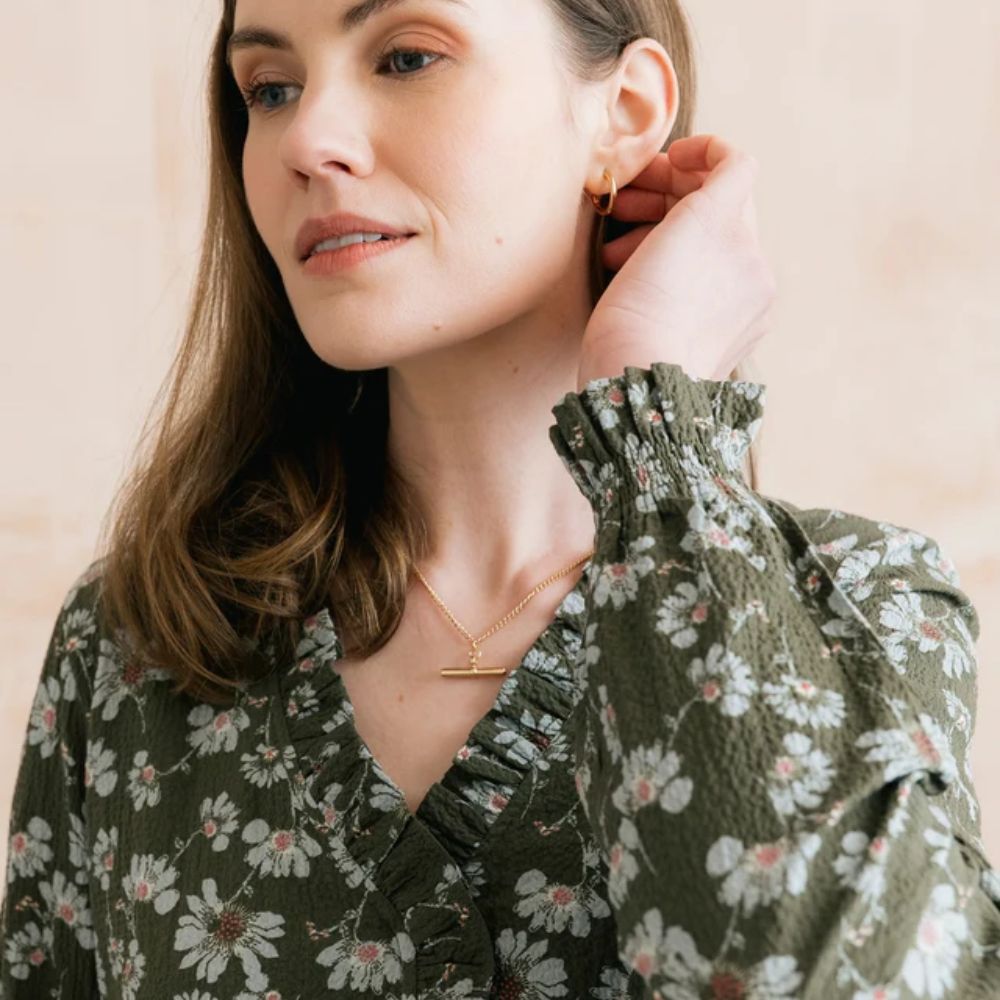 Lily & Me Kit Ruffle Textured Crepe Print Blouse - Olive - 12