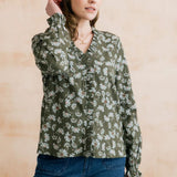 Lily & Me Kit Ruffle Textured Crepe Print Blouse - Olive - 12