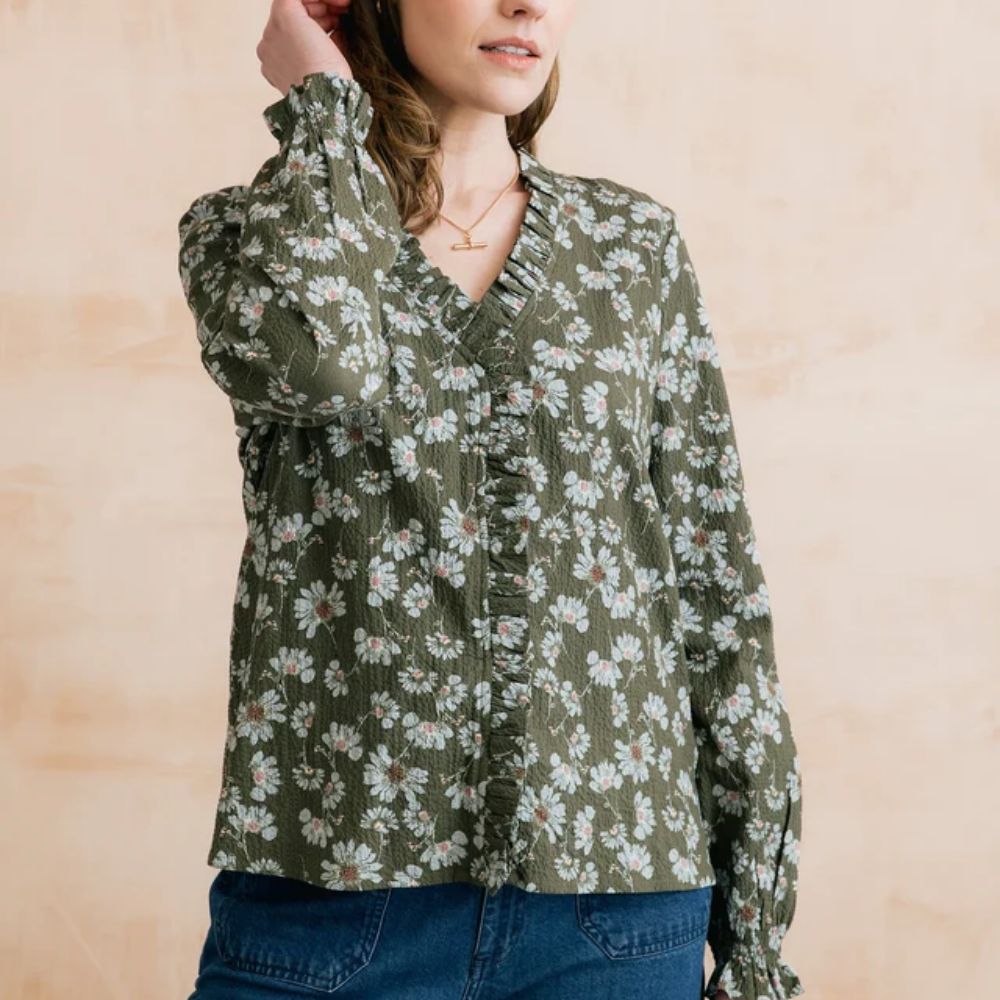 Lily & Me Kit Ruffle Textured Crepe Print Blouse - Olive -16