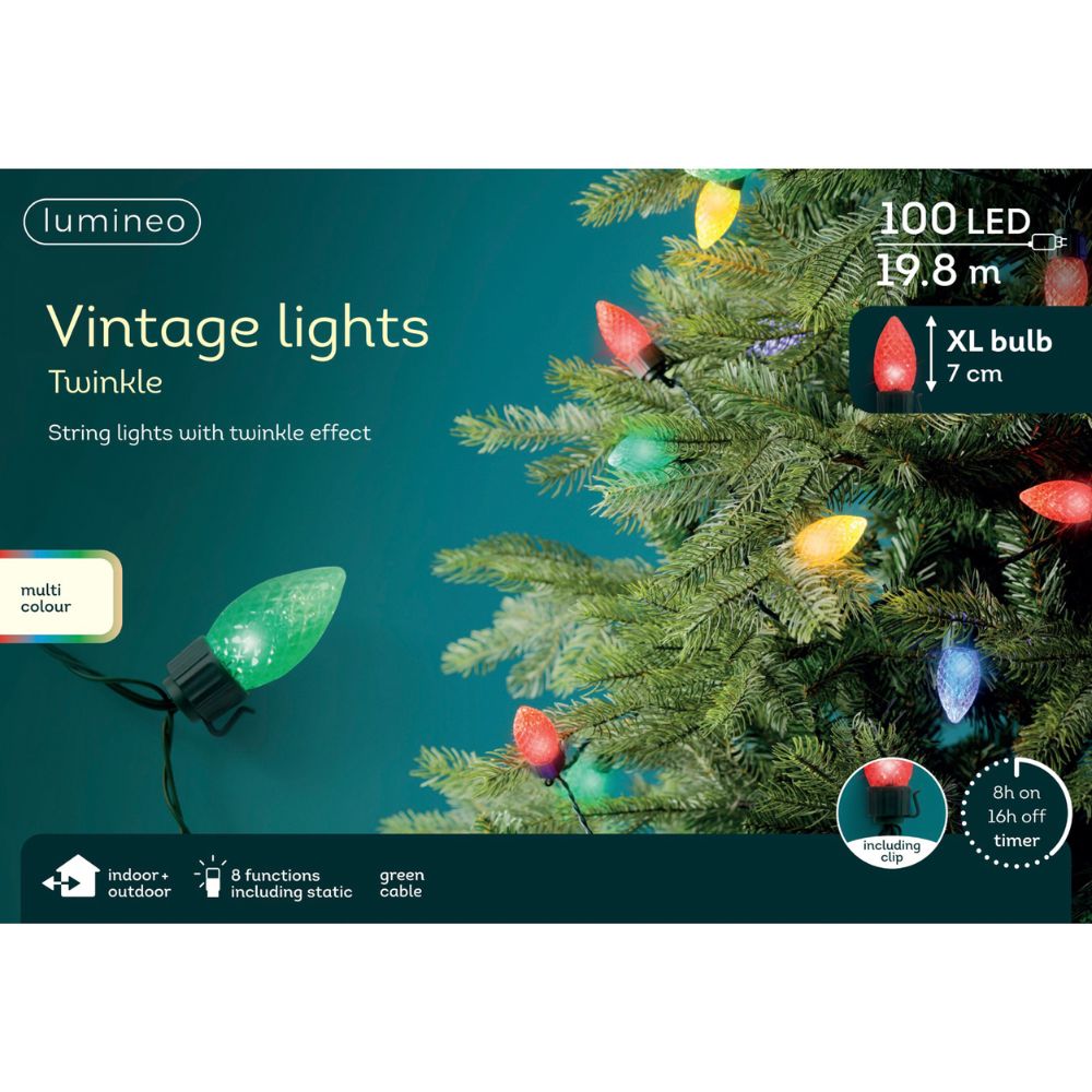 Lumineo 100 LED Vintage Multi Lights 8 Function Outdoor Twinkle Lights