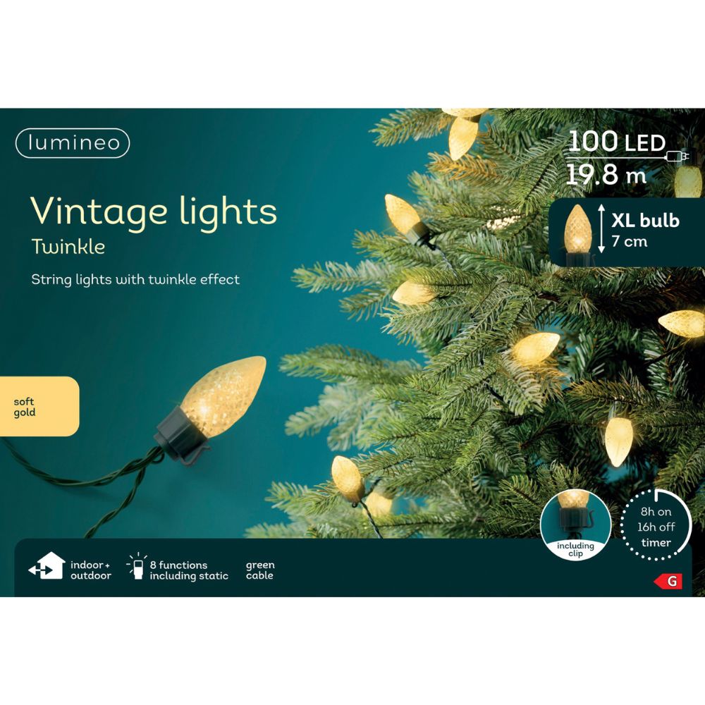 Lumineo 100 LED Vintage Warm White Lights 8 Function Outdoor Twinkle Lights
