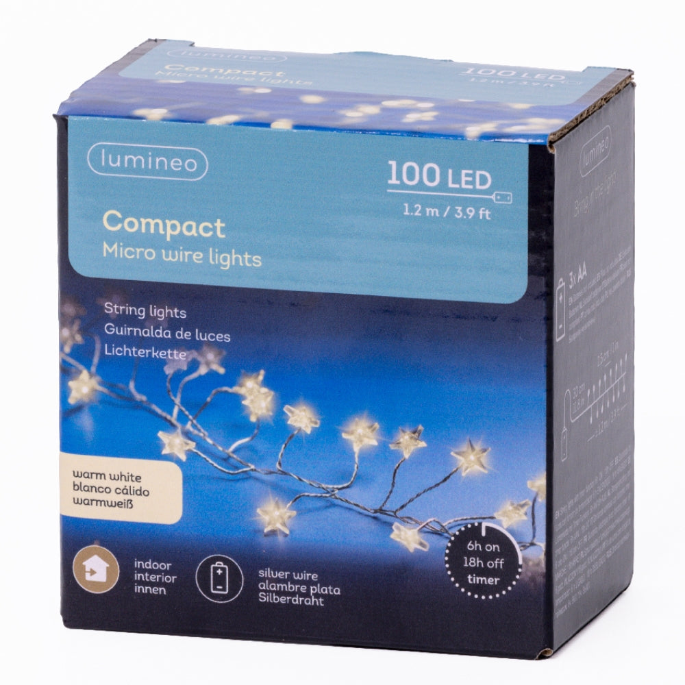 Lumineo 100 Warm White LED Star Micro Wire Battery Compact Lights (1.2m)