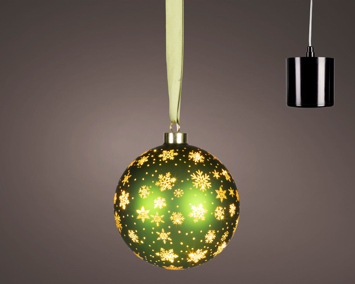 Lumineo 14cm Micro LED Rotating Bauble Hanging Decoration - Green - Warm White