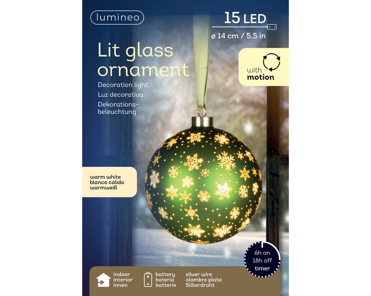 Lumineo 14cm Micro LED Rotating Bauble Hanging Decoration - Green - Warm White