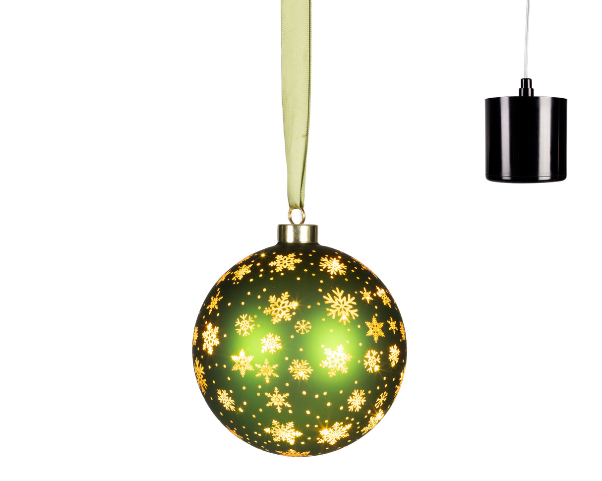 Lumineo 14cm Micro LED Rotating Bauble Hanging Decoration - Green - Warm White