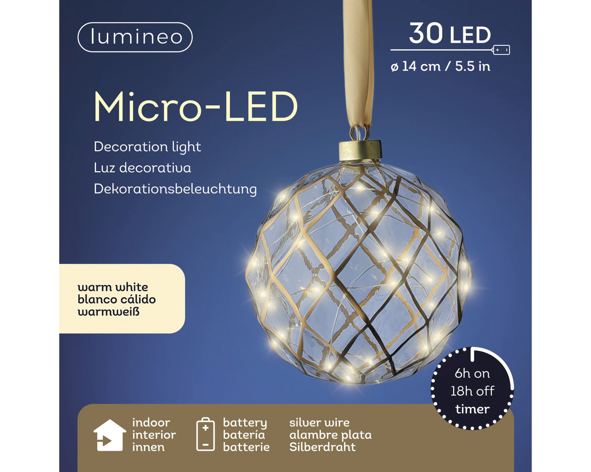 Lumineo 14cm Micro LED Stead Ball Clear Hanging Decoration - Warm White - 487581
