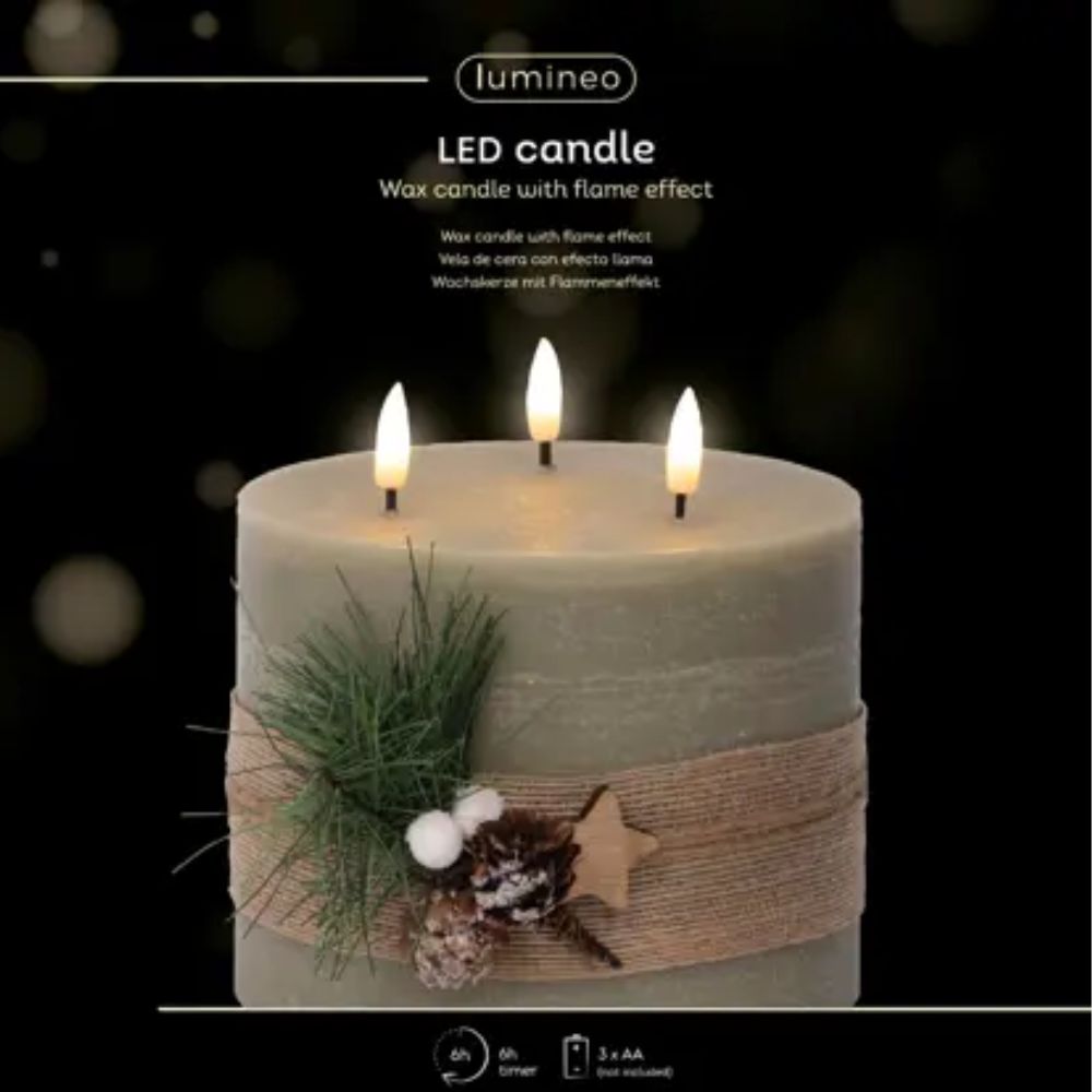 Lumineo 15cm Green LED Triple Wick Candle with Leaves