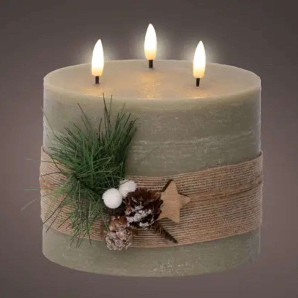 Lumineo 15cm Green LED Triple Wick Candle with Leaves