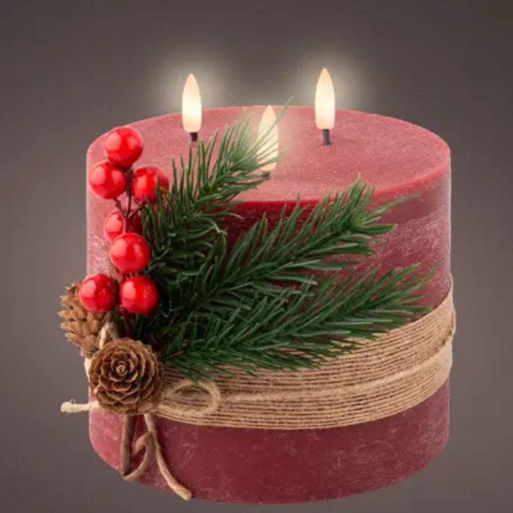 Lumineo 15cm Red LED Triple Wick Candle with Leaves