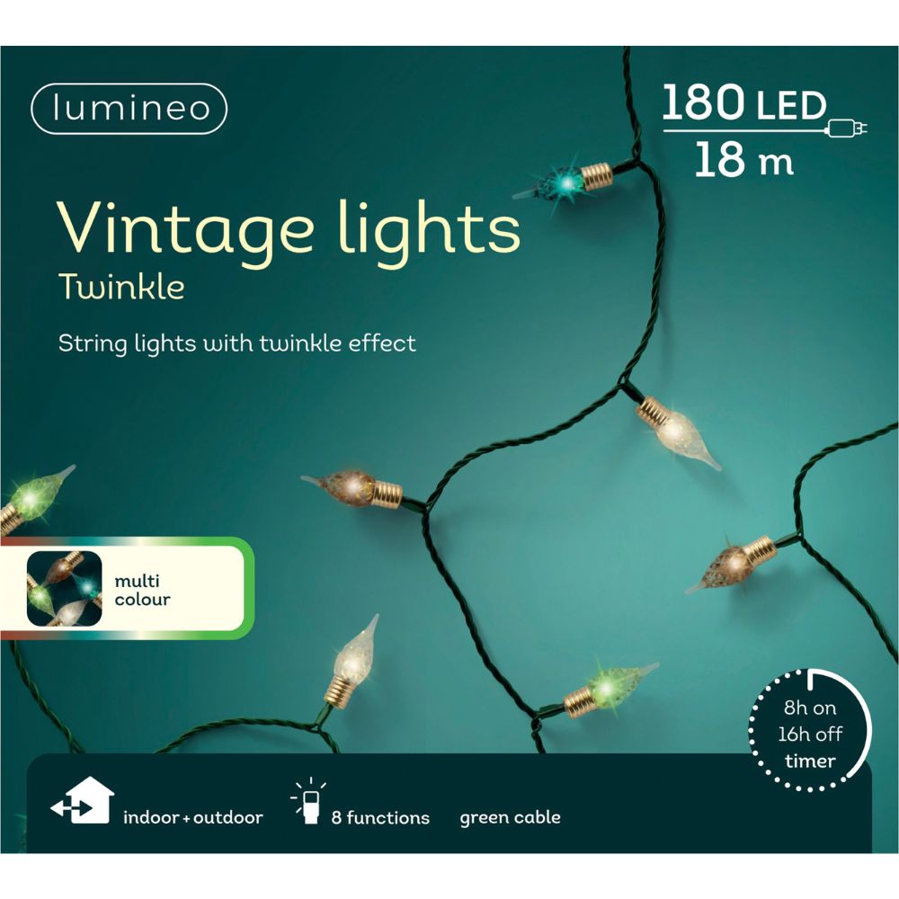 Lumineo 180 LED Vintage Multi Lights 8 Function Outdoor Twinkle Lights