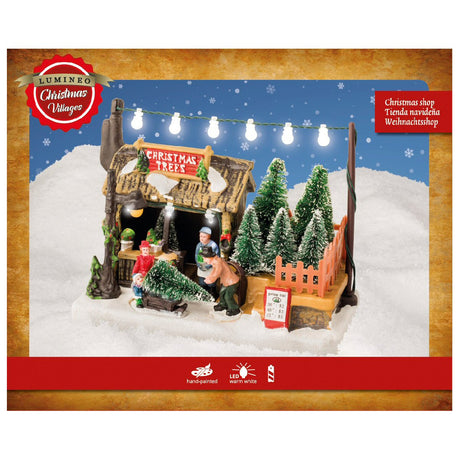 Lumineo 18cm Christmas Village LED Christmas Tree Salesman Scene