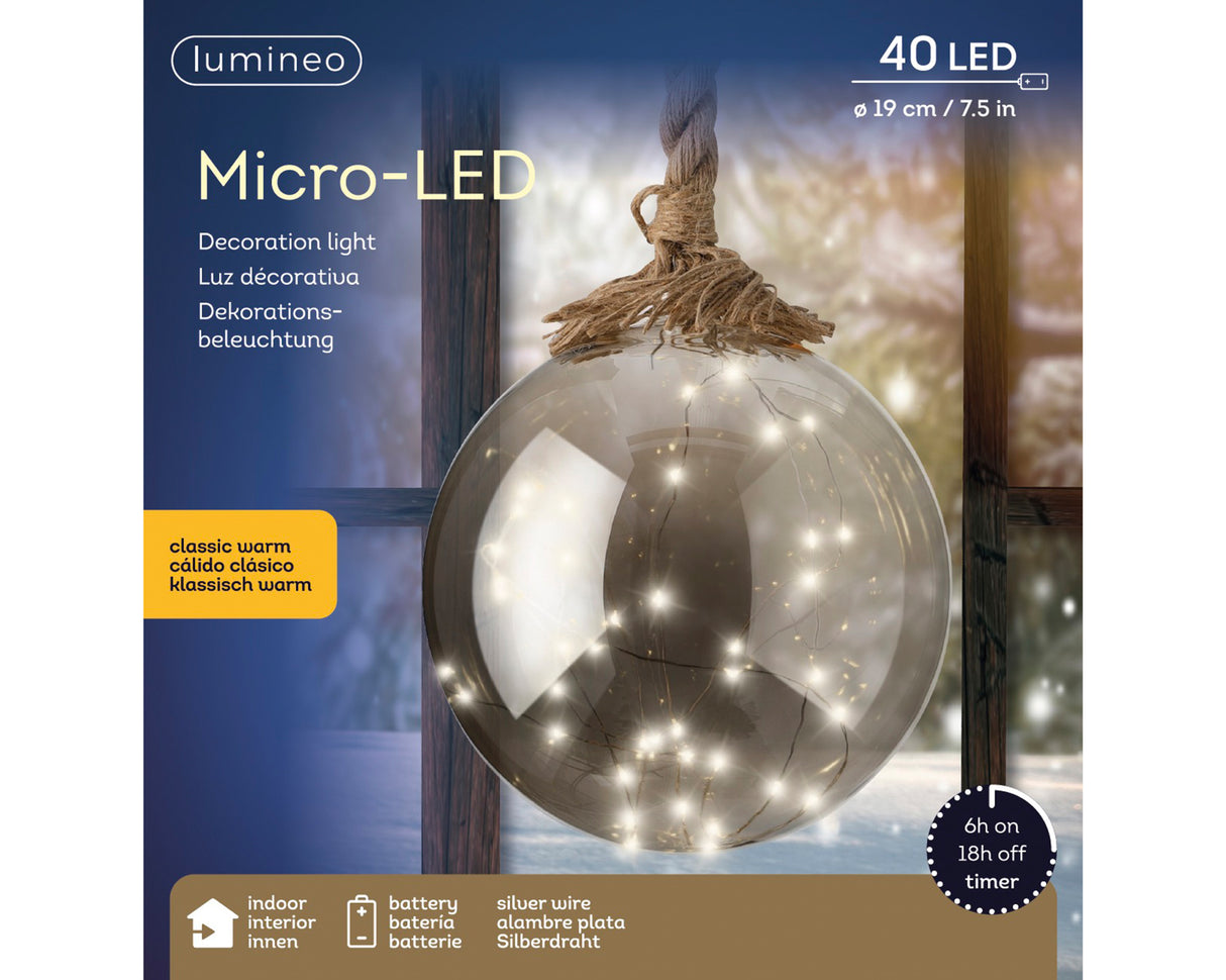 Lumineo 19cm Micro LED Steady Ball Rope Hanging Decoration - Classic Warm - Grey - 489969