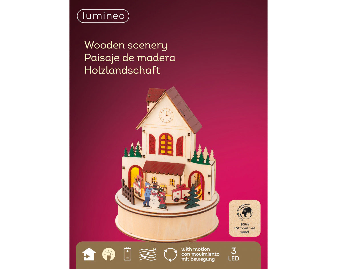 Lumineo 20cm Wooden Christmas Village Clock Tower LED Scene with Snowman