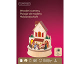 Lumineo 20cm Wooden Christmas Village Clock Tower LED Scene with Snowman