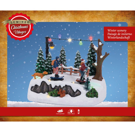 Lumineo 23cm LED Christmas Village Cross Country Skiing Scene - Battery Operated