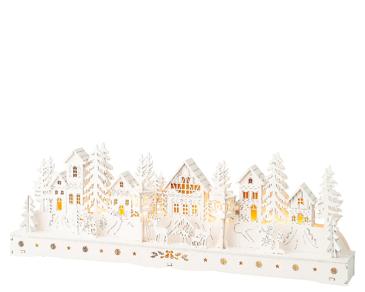 Lumineo 45cm Wooden White Christmas Village LED Scene with Forest Trees