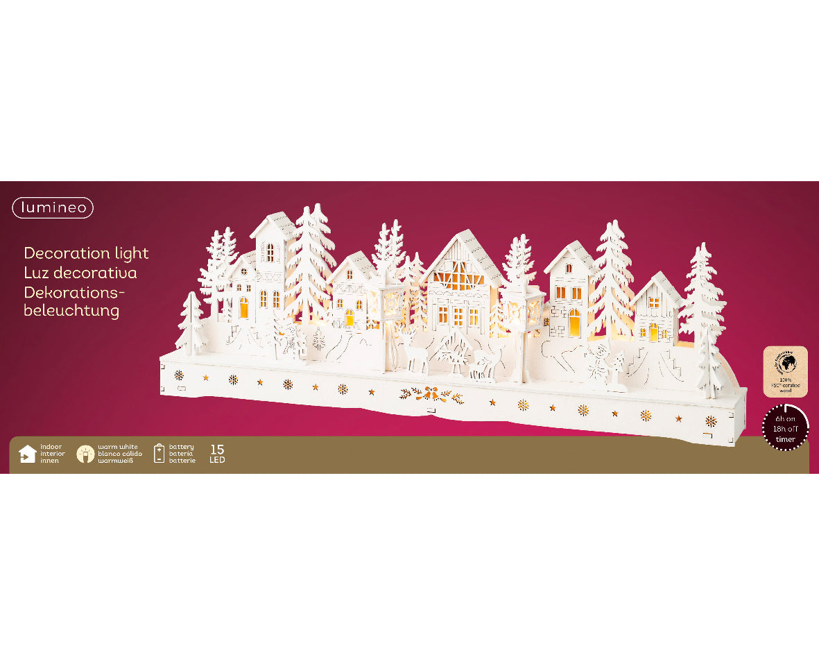 Lumineo 45cm Wooden White Christmas Village LED Scene with Forest Trees