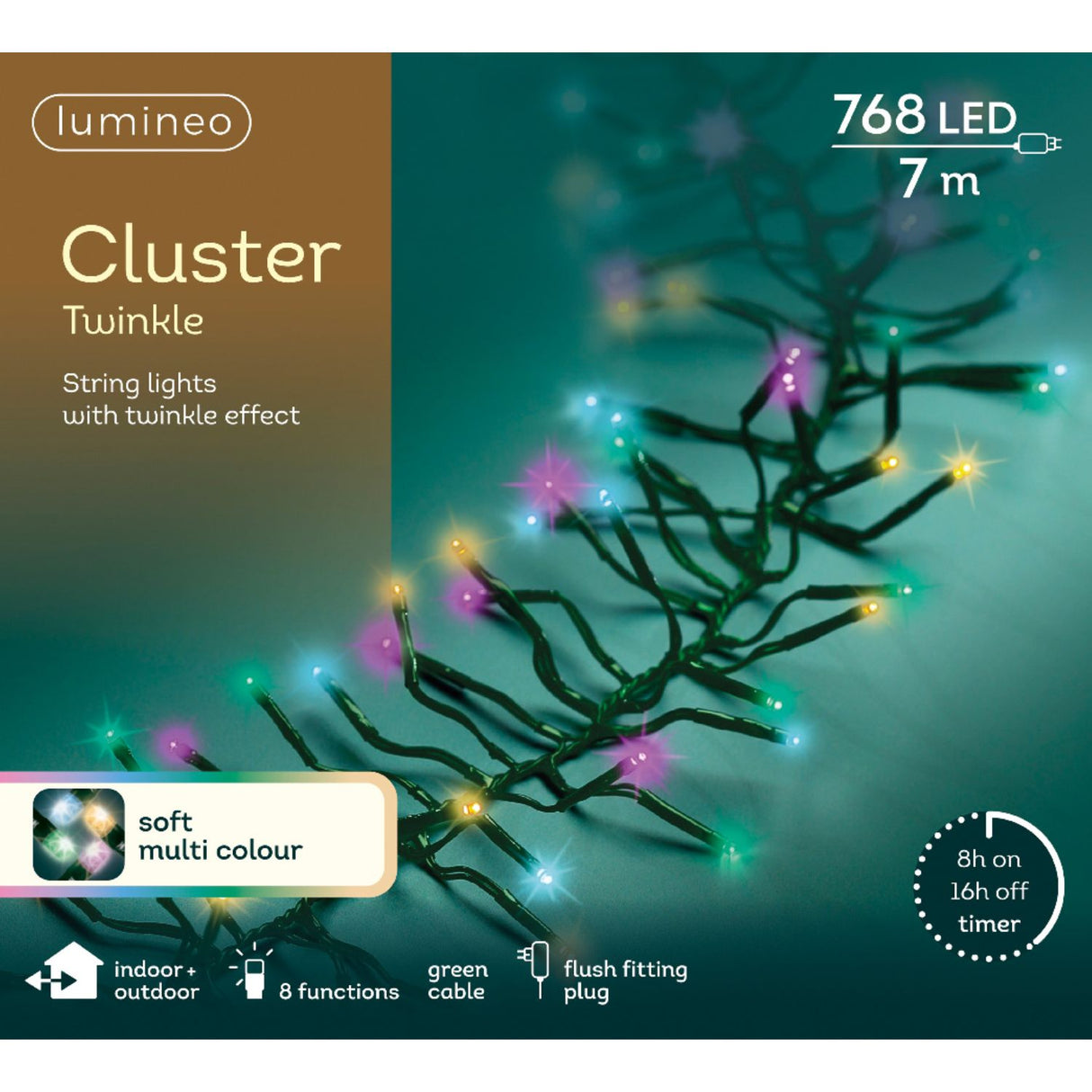 Lumineo 768 Soft Multi-Coloured LED Twinkle Effect Cluster Lights (7m)