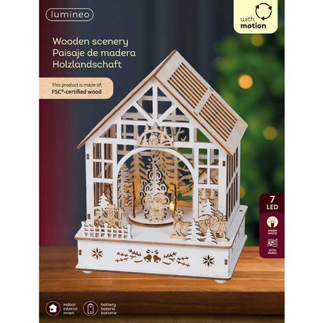 Lumineo 23cm Wooden Christmas House LED Scene with Santa & Xmas Tree