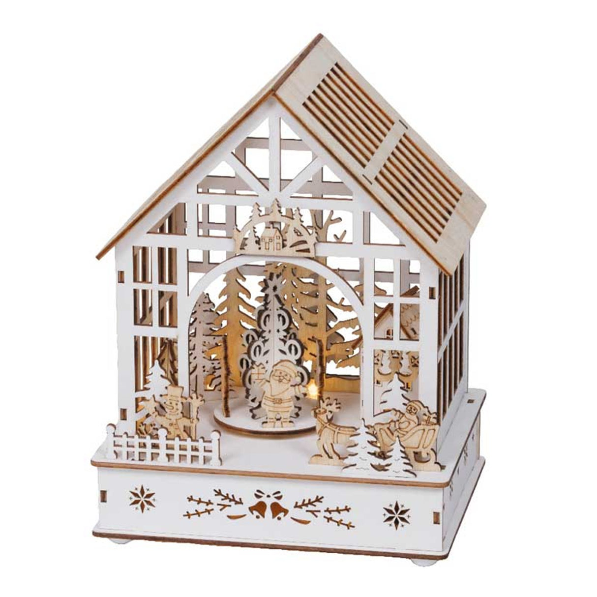 Lumineo 23cm Wooden Christmas House LED Scene with Santa & Xmas Tree