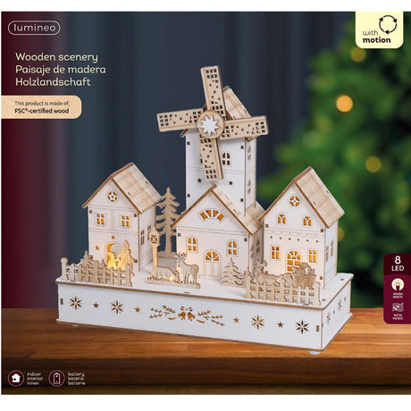 Lumineo 28cm Wooden Christmas Village LED Scene with Windmill