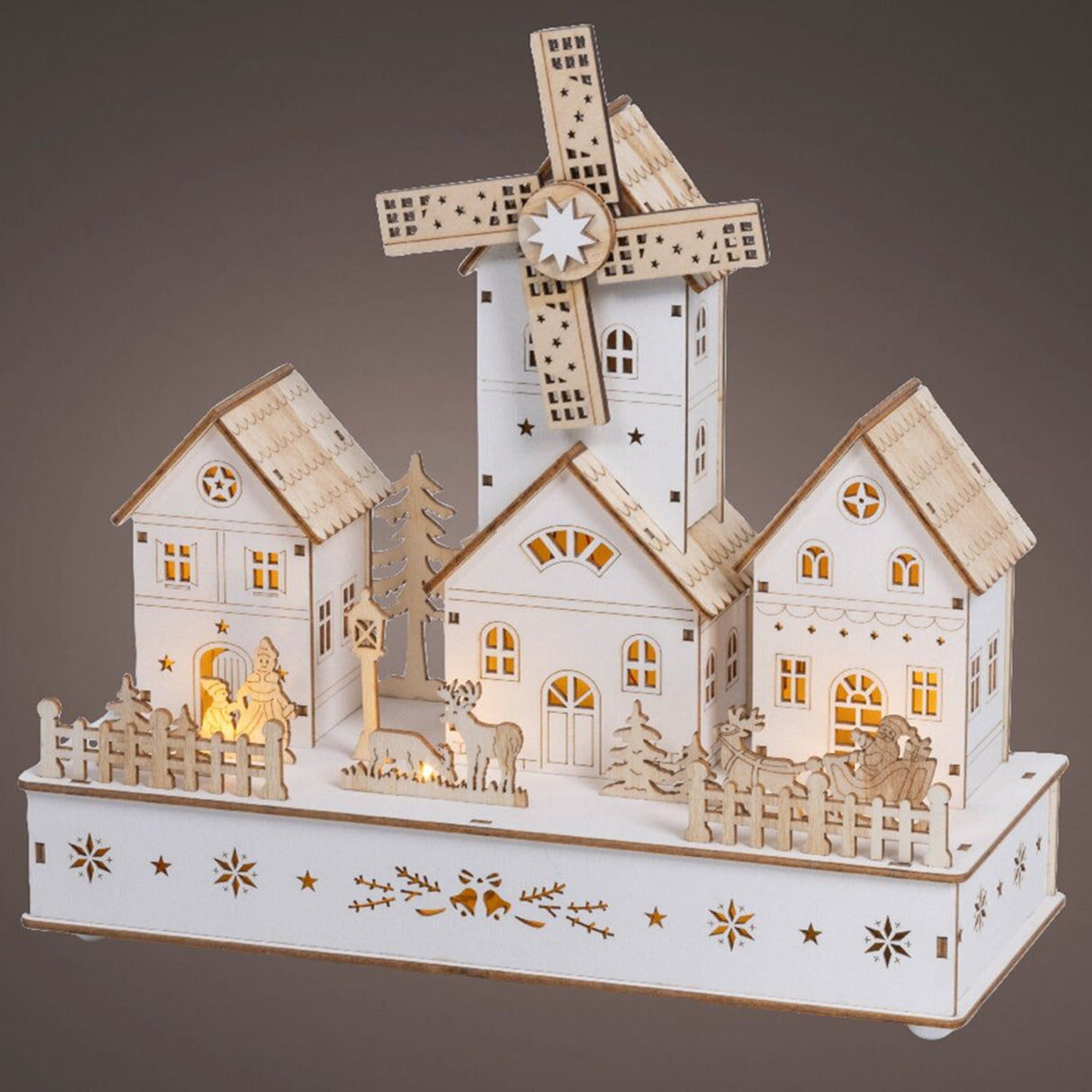 Lumineo 28cm Wooden Christmas Village LED Scene with Windmill