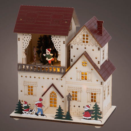 Lumineo 22cm Wooden Christmas House LED Scene with Sled & Ice Skater