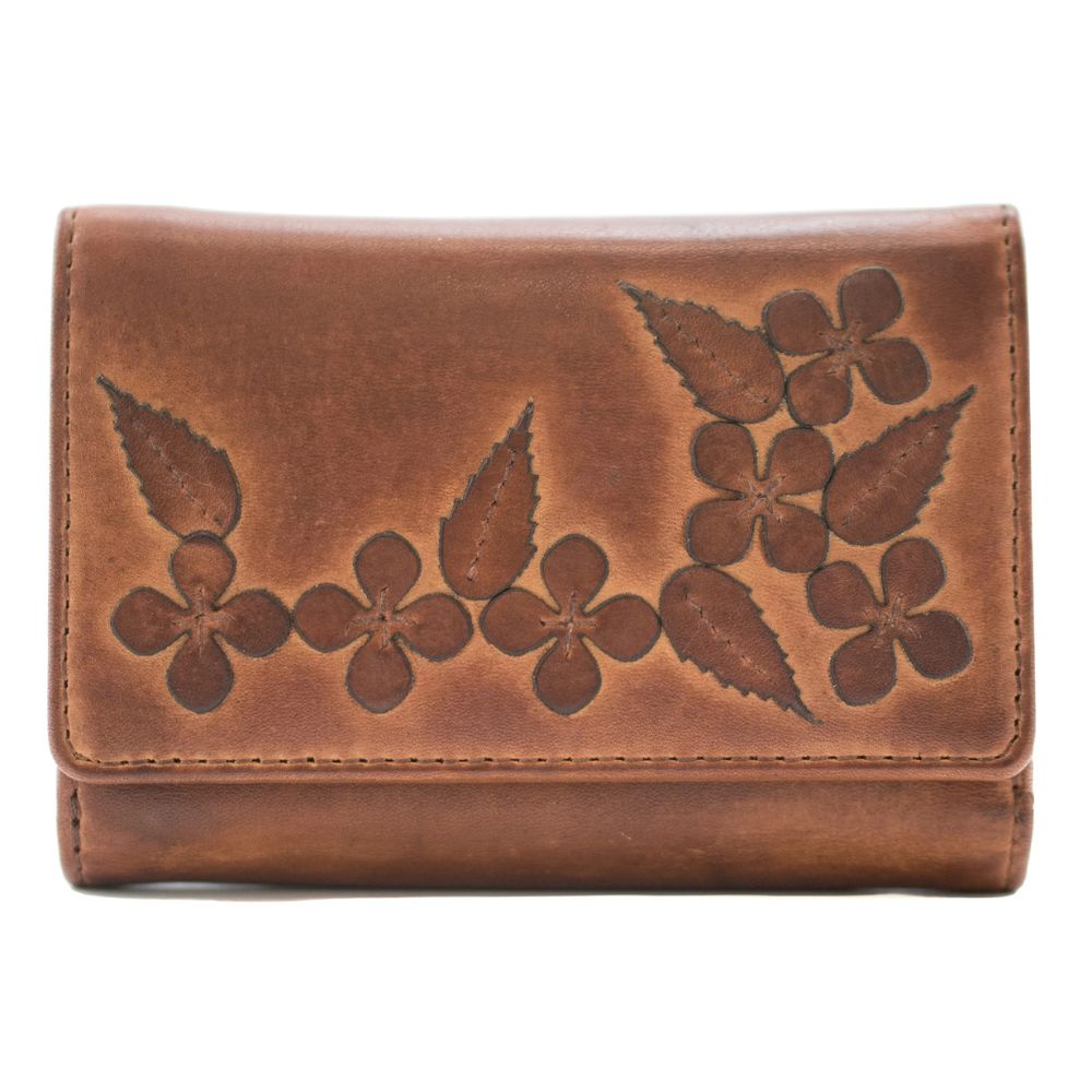 Mala Leather Wild Bloom Classic Tan Leather Tri fold Purse