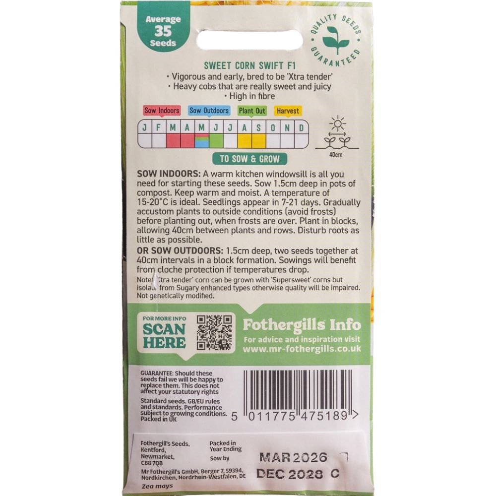 Mr Fothergill's Sweet Corn Swift F1 Seeds - Old Railway Line Garden Centre