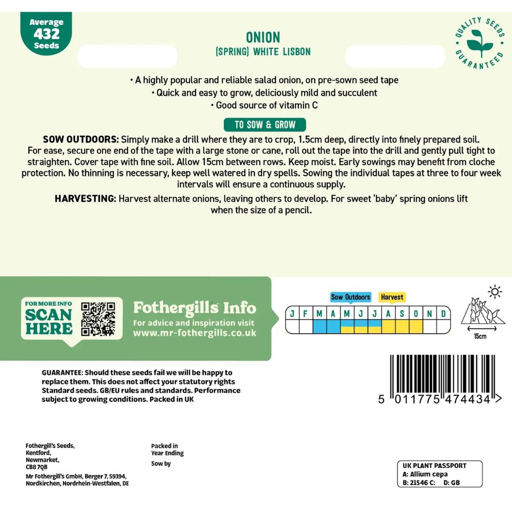 Mr Fothergill's Onion (Spring) White Lisbon Seed Tape Seeds