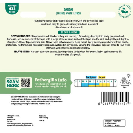 Mr Fothergill's Onion (Spring) White Lisbon Seed Tape Seeds