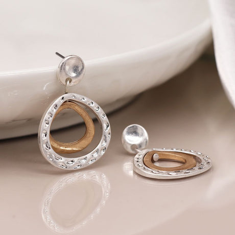 POM Silver Plated & Golden Double Teardrop Stud Earrings
