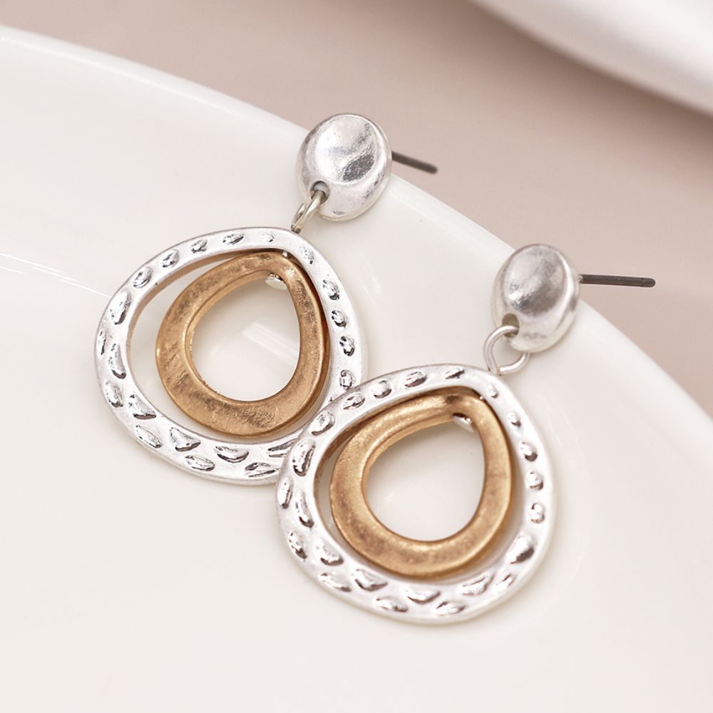 POM Silver Plated & Golden Double Teardrop Stud Earrings