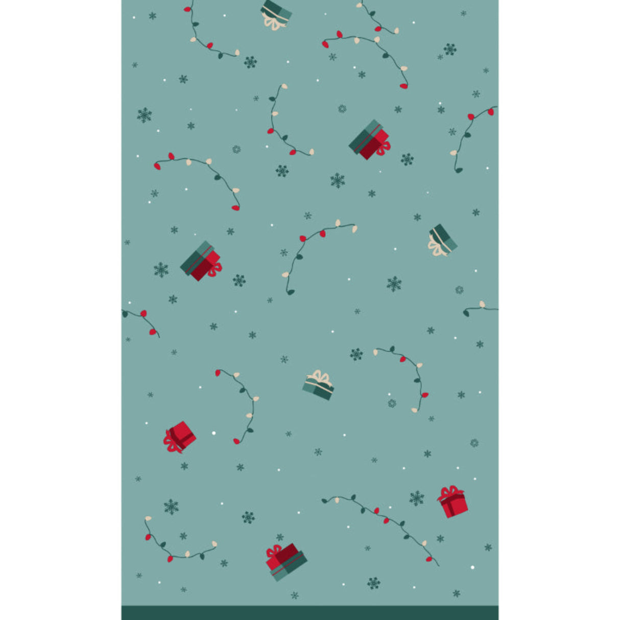 Pattern of Christmas presents and lights on a teal background