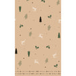 Patterned paper with trees, hares, and leaves on a beige background