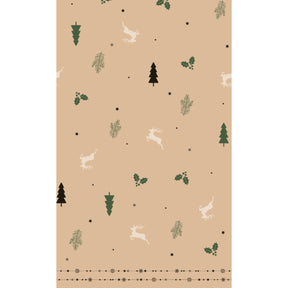 Patterned paper with trees, hares, and leaves on a beige background
